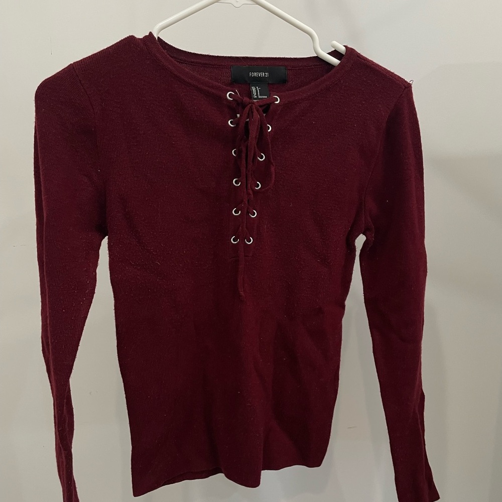 Forever 21 Burgundy Lace-Up Sweater